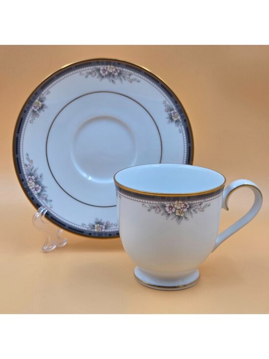 Noritake Other - Noritake Ontario Set of 4 Footed Cup and Saucer Blue Gray Band White Pink Flower